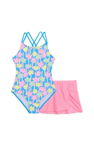 Aqua Green Kids'  Girls X-back One Piece Swimsuit With Mesh Sarong Coverup Skirt 2-piece Set In Blue