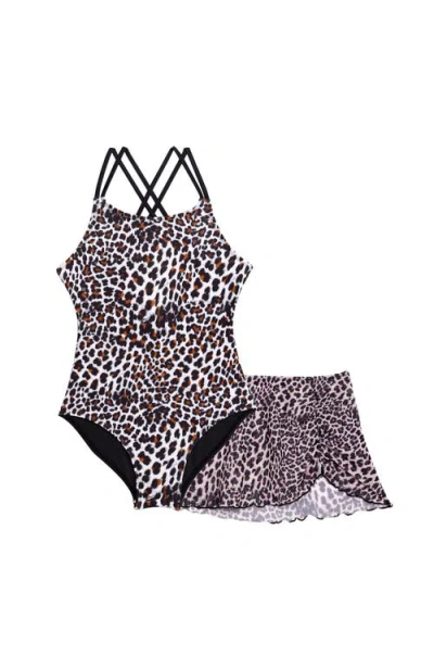 Aqua Green Kids'  Girls X-back One Piece Swimsuit With Mesh Sarong Coverup Skirt 2-piece Set In Brown