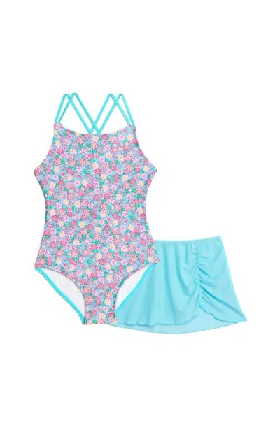 Aqua Green Kids'  Girls X-back One Piece Swimsuit With Mesh Sarong Coverup Skirt 2-piece Set In Multi