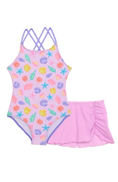 Aqua Green Kids'  Girls X-back One Piece Swimsuit With Mesh Sarong Coverup Skirt 2-piece Set In Multi