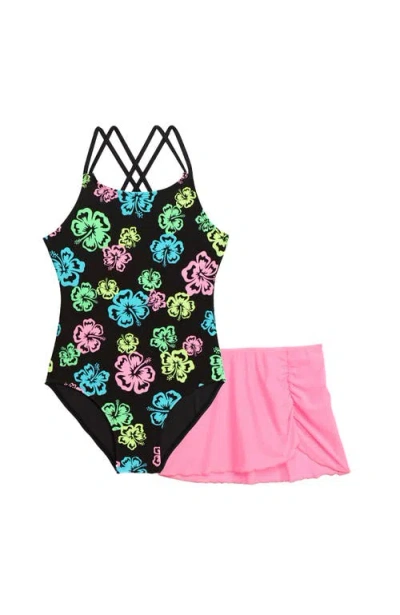 Aqua Green Kids'  Girls X-back One Piece Swimsuit With Mesh Sarong Coverup Skirt 2-piece Set In Multi