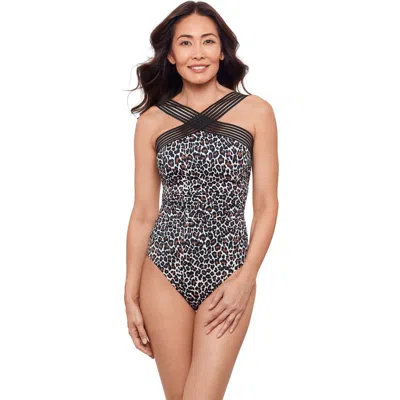 Aqua Green Plus Size Novelty Trim High Criss Cross Neck Full Coverage One-piece Swimsuit In Animal Print
