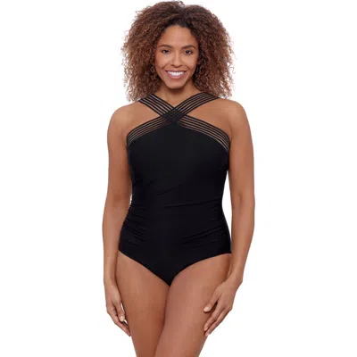 Aqua Green High Criss Cross Neck Full Coverage Novelty Trim One-piece Swimsuit In Black