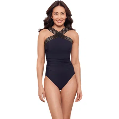 Aqua Green High Criss Cross Neck Full Coverage Novelty Trim One-piece Swimsuit In Blue