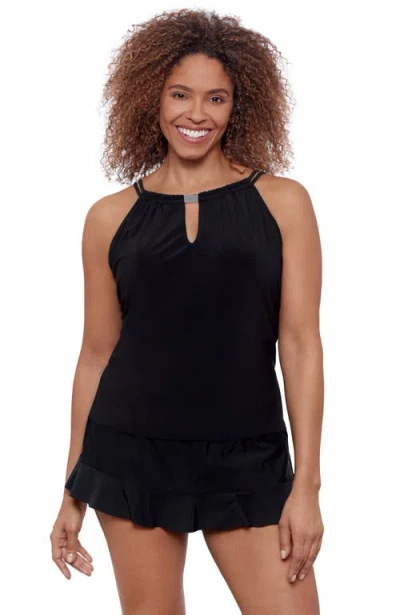Aqua Green High Neck Keyhole Full Coverage Adjustable Tankini Swimsuit Top In Black