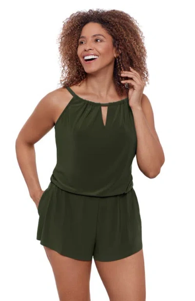 Aqua Green Keyhole Blouson Slimming Swimsuit Romper With Pockets