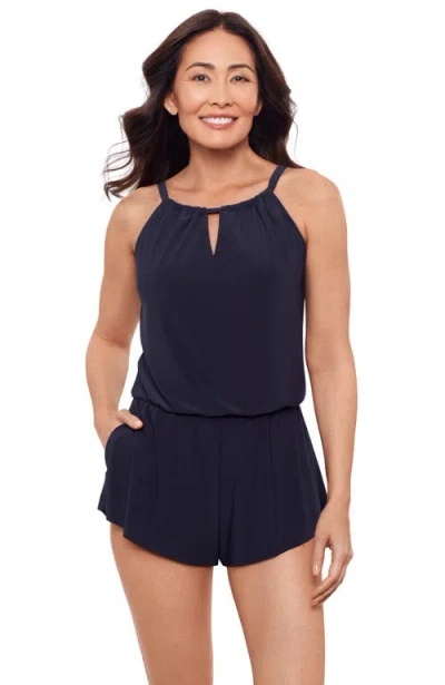 Aqua Green Keyhole Blouson Slimming Swimsuit Romper With Pockets In Blue