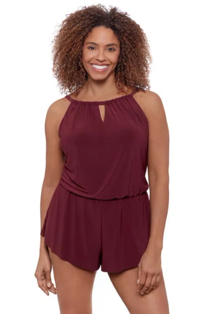 Aqua Green Keyhole Blouson Slimming Swimsuit Romper With Pockets In Burgundy
