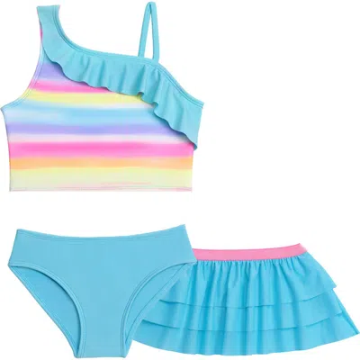 Aqua Green Kids'  Little Girls 3-piece Asymmetrical Ruffle Bikini Coverup Set In Blue