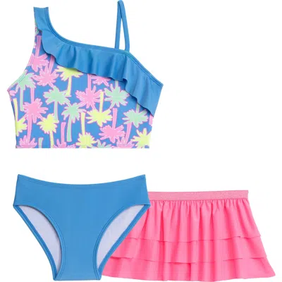 Aqua Green Kids'  Little Girls 3-piece Asymmetrical Ruffle Bikini Coverup Set In Blue