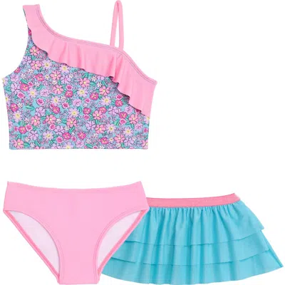 Aqua Green Kids'  Little Girls 3-piece Asymmetrical Ruffle Bikini Coverup Set In Multi