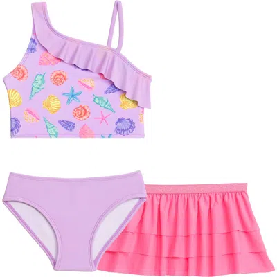Aqua Green Kids'  Little Girls 3-piece Asymmetrical Ruffle Bikini Coverup Set In Multi
