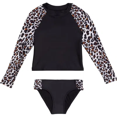 Aqua Green Kids'  Little Girls Longsleeve Rashguard 2-piece Swimwear Set In Black