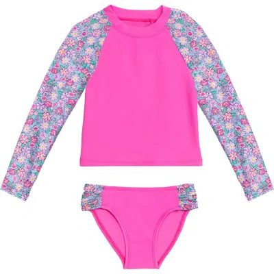 Aqua Green Kids'  Little Girls Longsleeve Rashguard 2-piece Swimwear Set In Multi