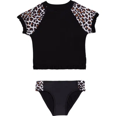 Aqua Green Kids'  Little Girls Shortsleeve Ruffle Rashguard 2-piece Swimwear Set In Black