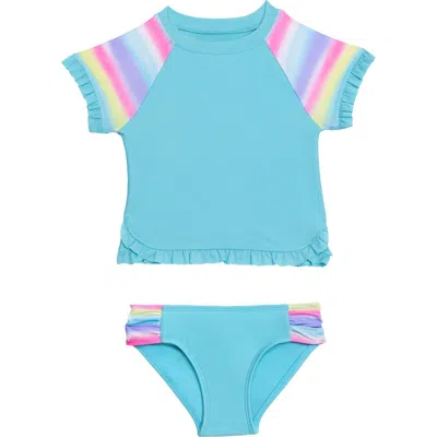 Aqua Green Kids'  Little Girls Shortsleeve Ruffle Rashguard 2-piece Swimwear Set In Brown