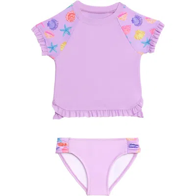 Aqua Green Kids'  Little Girls Shortsleeve Ruffle Rashguard 2-piece Swimwear Set In Brown
