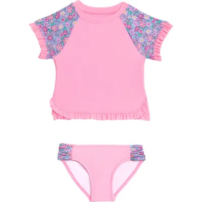 Aqua Green Kids'  Little Girls Shortsleeve Ruffle Rashguard 2-piece Swimwear Set In Gold