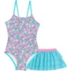 Aqua Green Kids'  Little Girls X-back One Piece Swimsuit With Ruffle Coverup Skirt 2-piece Set In Blue