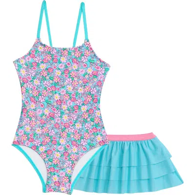 Aqua Green Kids'  Little Girls X-back One Piece Swimsuit With Ruffle Coverup Skirt 2-piece Set In Blue