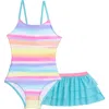Aqua Green Kids'  Little Girls X-back One Piece Swimsuit With Ruffle Coverup Skirt 2-piece Set In Blue