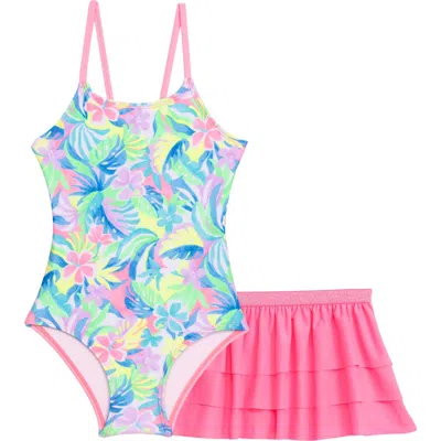 Aqua Green Kids'  Little Girls X-back One Piece Swimsuit With Ruffle Coverup Skirt 2-piece Set In Multi