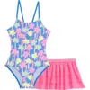 Aqua Green Kids'  Little Girls X-back One Piece Swimsuit With Ruffle Coverup Skirt 2-piece Set In Multi