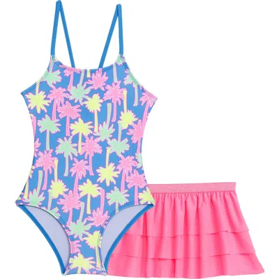 Aqua Green Kids'  Little Girls X-back One Piece Swimsuit With Ruffle Coverup Skirt 2-piece Set In Multi