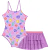 Aqua Green Kids'  Little Girls X-back One Piece Swimsuit With Ruffle Coverup Skirt 2-piece Set In Purple