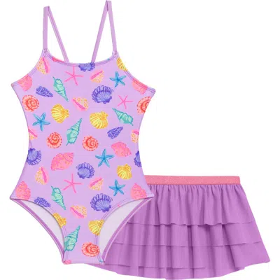 Aqua Green Kids'  Little Girls X-back One Piece Swimsuit With Ruffle Coverup Skirt 2-piece Set In Purple