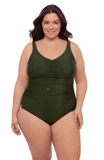Aqua Green Plus Size Cinch V-neck Side Shirred One-piece Swimsuit