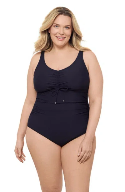 Aqua Green Plus Size Cinch V-neck Side Shirred One-piece Swimsuit In Black