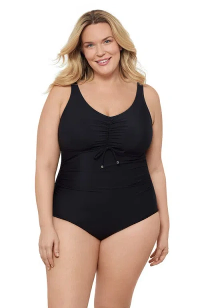 Aqua Green Plus Size Cinch V-neck Side Shirred One-piece Swimsuit In Black