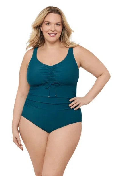 Aqua Green Plus Size Cinch V-neck Side Shirred One-piece Swimsuit In Blue