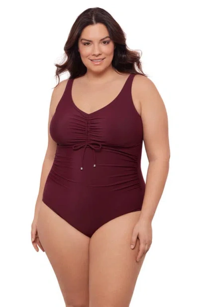 Aqua Green Plus Size Cinch V-neck Side Shirred One-piece Swimsuit In Burgundy