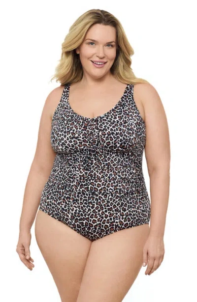 Aqua Green Plus Size Cinch V-neck Side Shirred One-piece Swimsuit In Multi