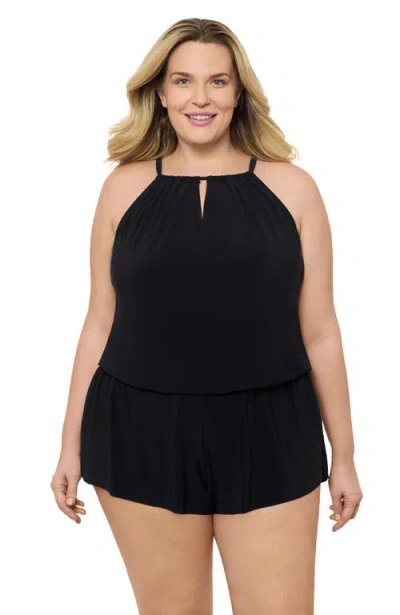 Aqua Green Plus Size Keyhole Blouson Slimming Swimsuit Romper With Pockets In Black