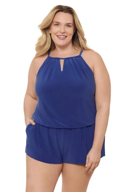 Aqua Green Plus Size Keyhole Blouson Slimming Swimsuit Romper With Pockets In Blue
