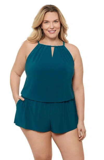 Aqua Green Plus Size Keyhole Blouson Slimming Swimsuit Romper With Pockets In Blue