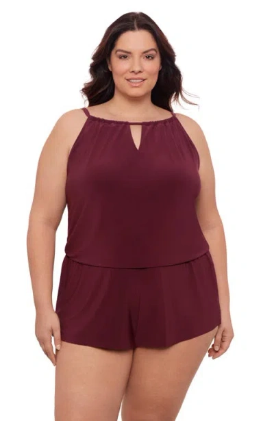 Aqua Green Plus Size Keyhole Blouson Slimming Swimsuit Romper With Pockets In Burgundy