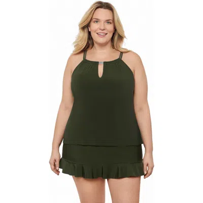 Aqua Green Plus Size Keyhole High Neck Full Coverage Adjustable Tankini Swimsuit Top