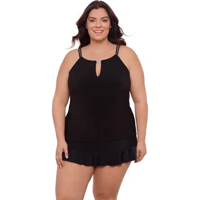 Aqua Green Plus Size Keyhole High Neck Full Coverage Adjustable Tankini Swimsuit Top In Black
