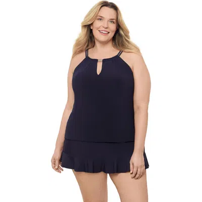 Aqua Green Plus Size Keyhole High Neck Full Coverage Adjustable Tankini Swimsuit Top In Blue