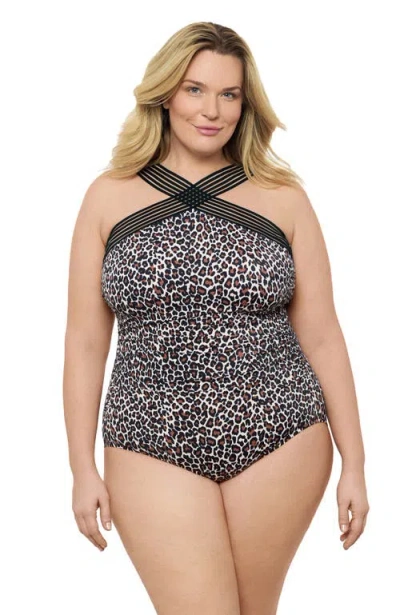 Aqua Green Plus Size Novelty Trim High Criss Cross Neck Full Coverage One-piece Swimsuit In Black
