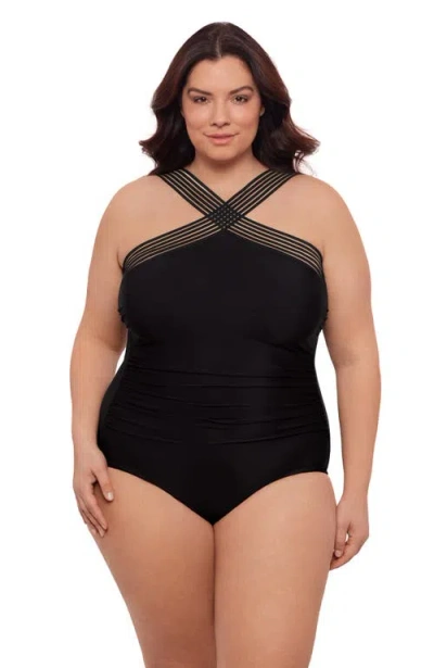 Aqua Green Plus Size Novelty Trim High Criss Cross Neck Full Coverage One-piece Swimsuit In Black
