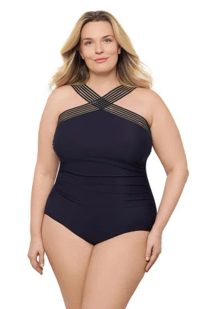 Aqua Green Plus Size Novelty Trim High Criss Cross Neck Full Coverage One-piece Swimsuit In Blue