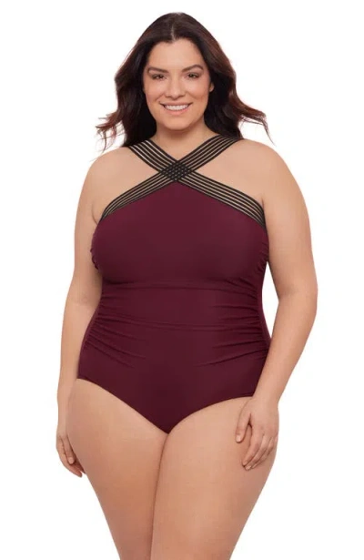 Aqua Green Plus Size Novelty Trim High Criss Cross Neck Full Coverage One-piece Swimsuit In Brown