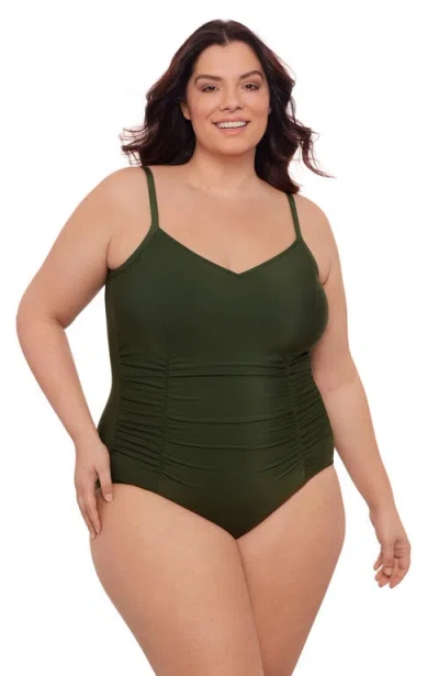 Aqua Green Plus Size Princess Seam V-neck Side Shirred Adjustable One-piece Swimsuit