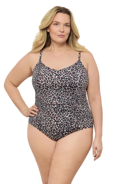 Aqua Green Plus Size Princess Seam V-neck Side Shirred Adjustable One-piece Swimsuit In Animal Print