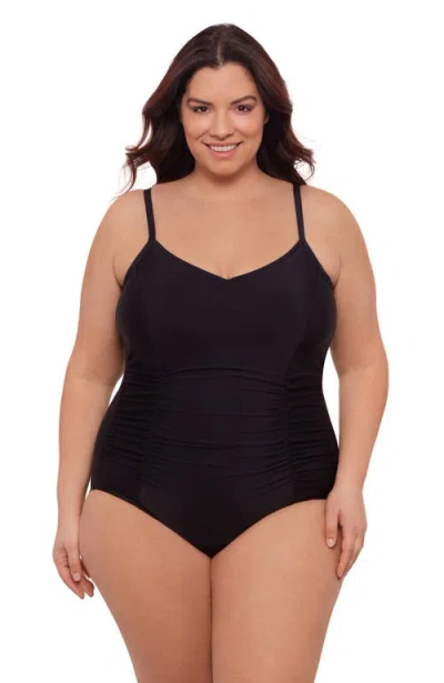 Aqua Green Plus Size Princess Seam V-neck Side Shirred Adjustable One-piece Swimsuit In Black